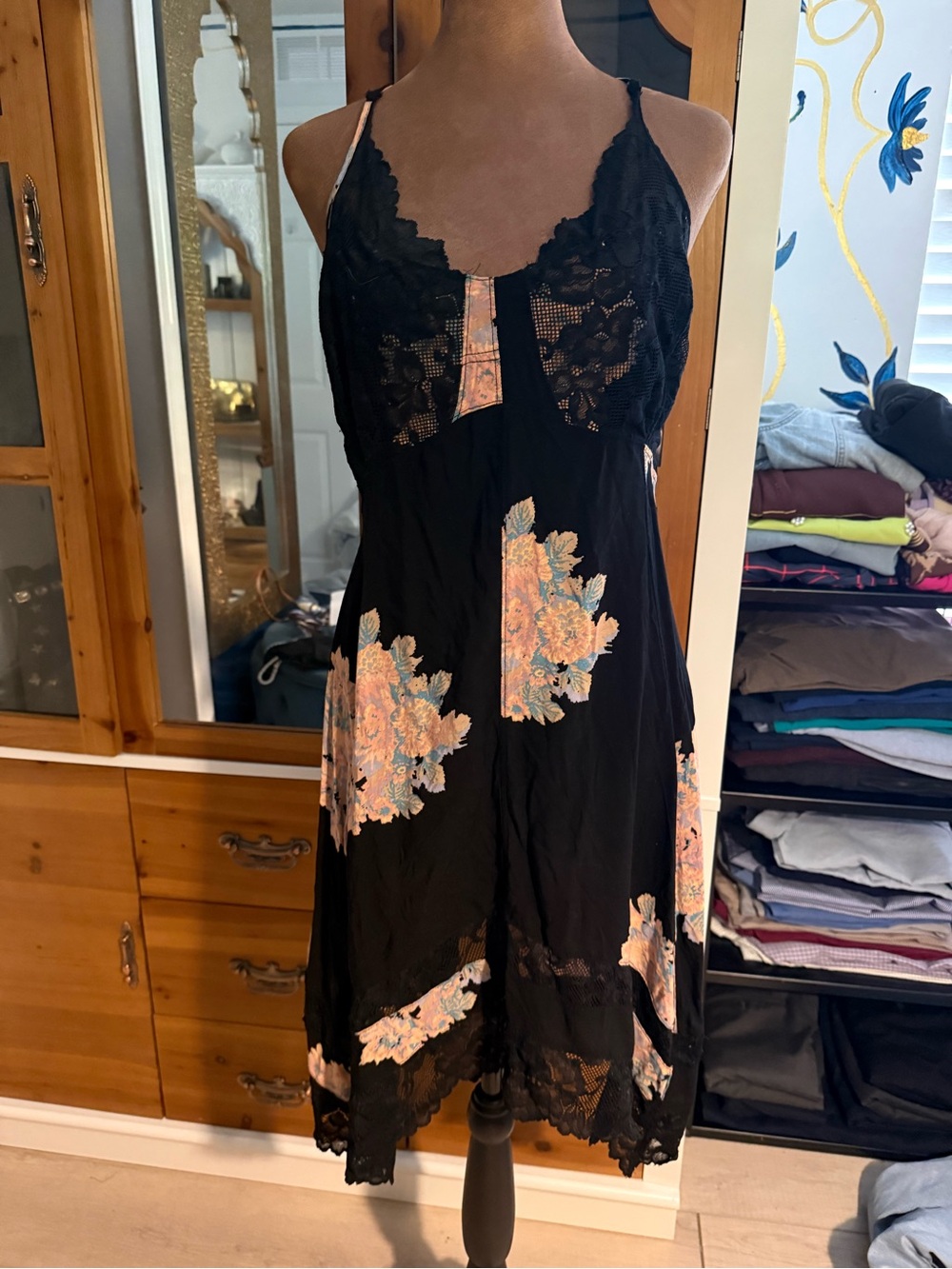 Free People Black Slip Dress with Peach Floral Lace